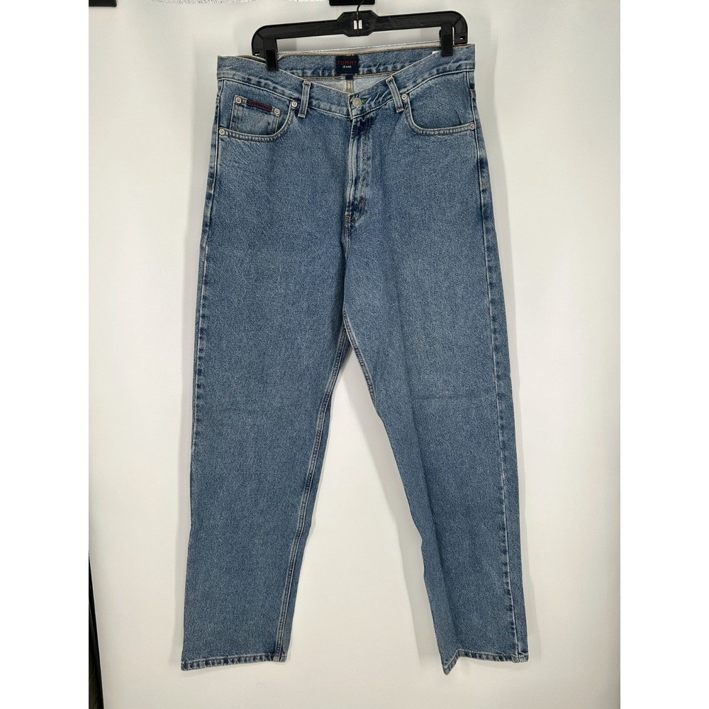 Tommy Hilfiger Jeans Men 34x34 Blue Denim Baggy Vintage 90s Embroidered Straight